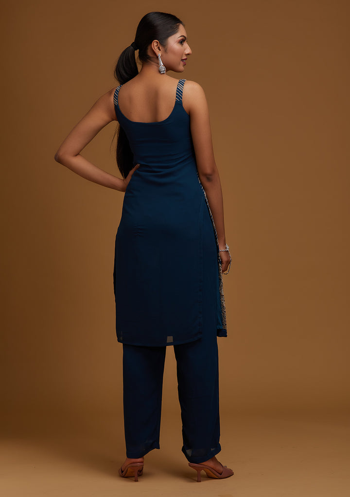 Peacock Blue Zariwork Georgette Designer Salwar Suit - Koskii