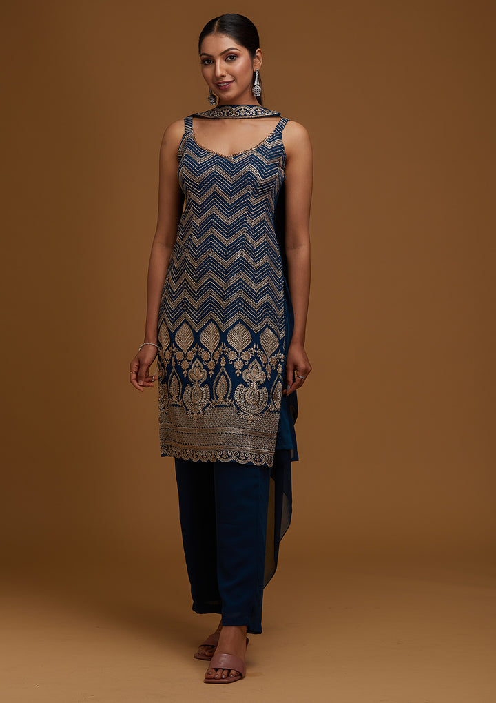 Peacock Blue Zariwork Georgette Designer Salwar Suit - Koskii