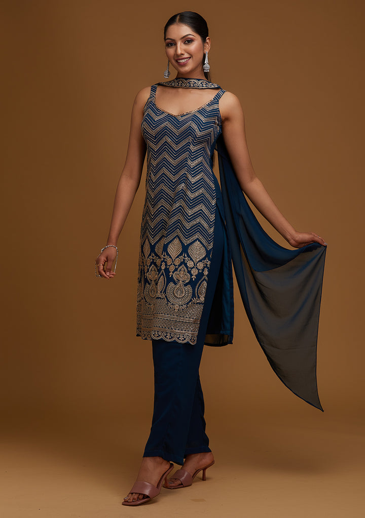 Peacock Blue Zariwork Georgette Designer Salwar Suit - Koskii