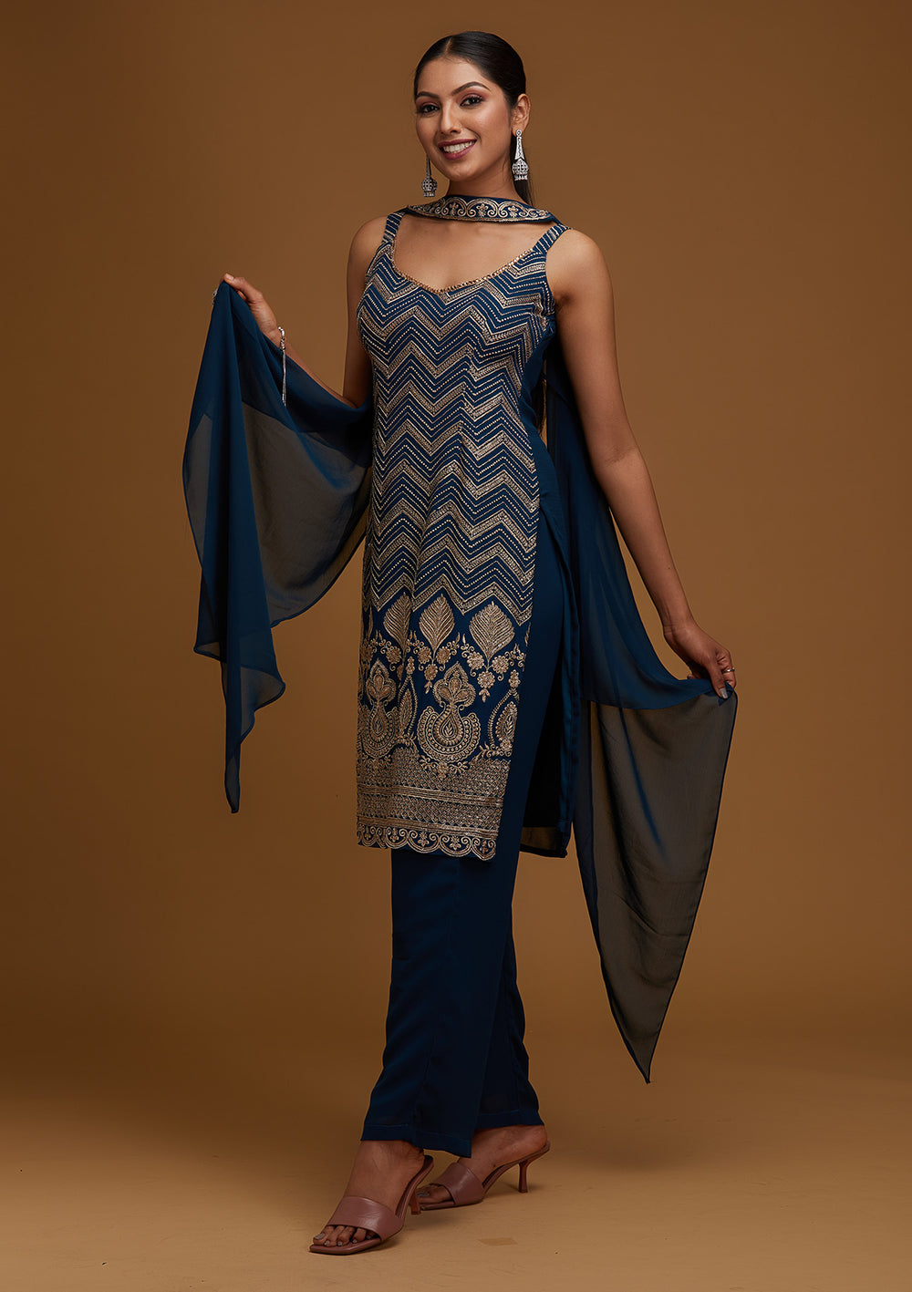 Peacock Blue Zariwork Georgette Designer Salwar Suit - Koskii