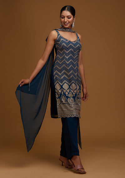 Peacock Blue Zariwork Georgette Designer Salwar Suit - Koskii