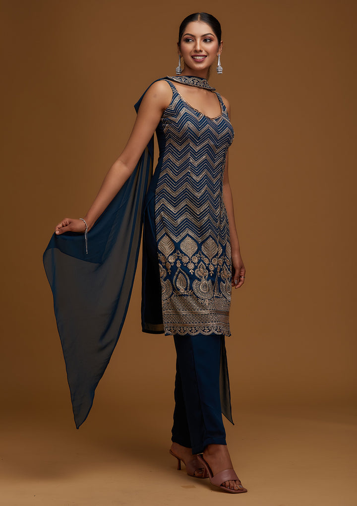 Peacock Blue Zariwork Georgette Designer Salwar Suit - Koskii