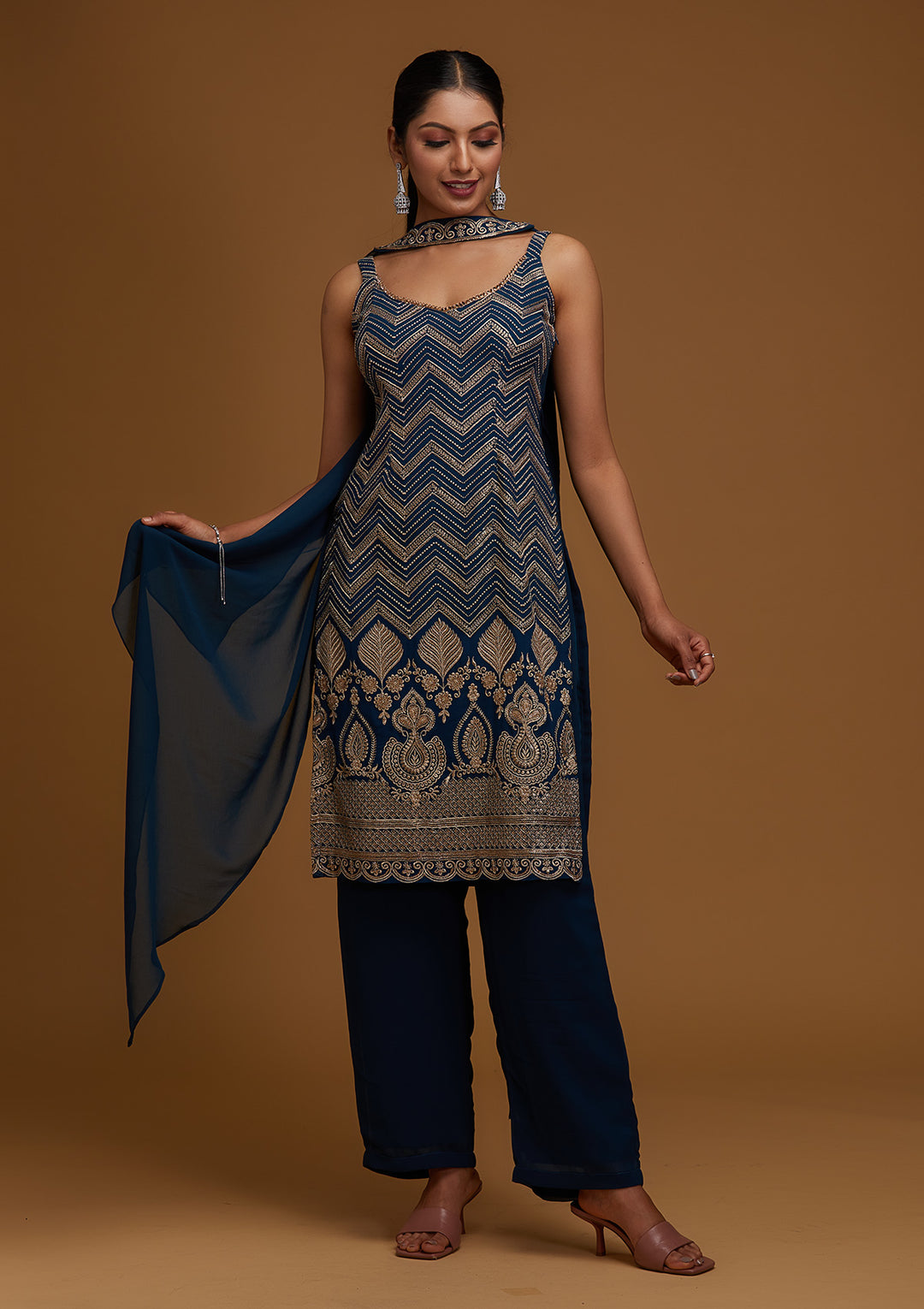 Peacock Blue Zariwork Georgette Designer Salwar Suit - Koskii