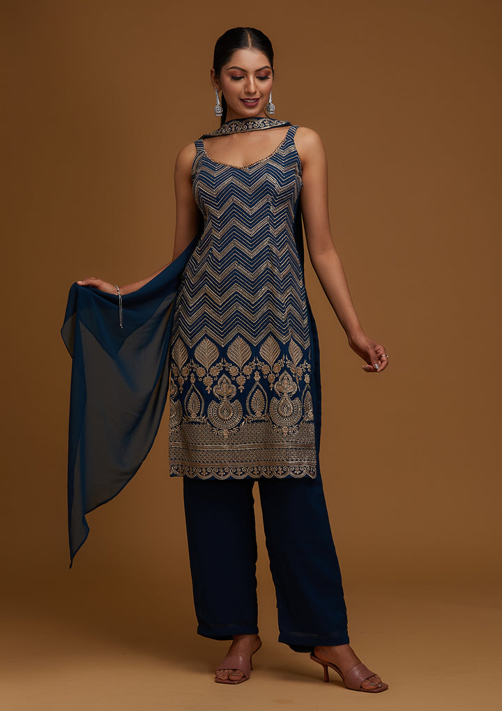 Peacock Blue Zariwork Georgette Designer Salwar Suit - Koskii