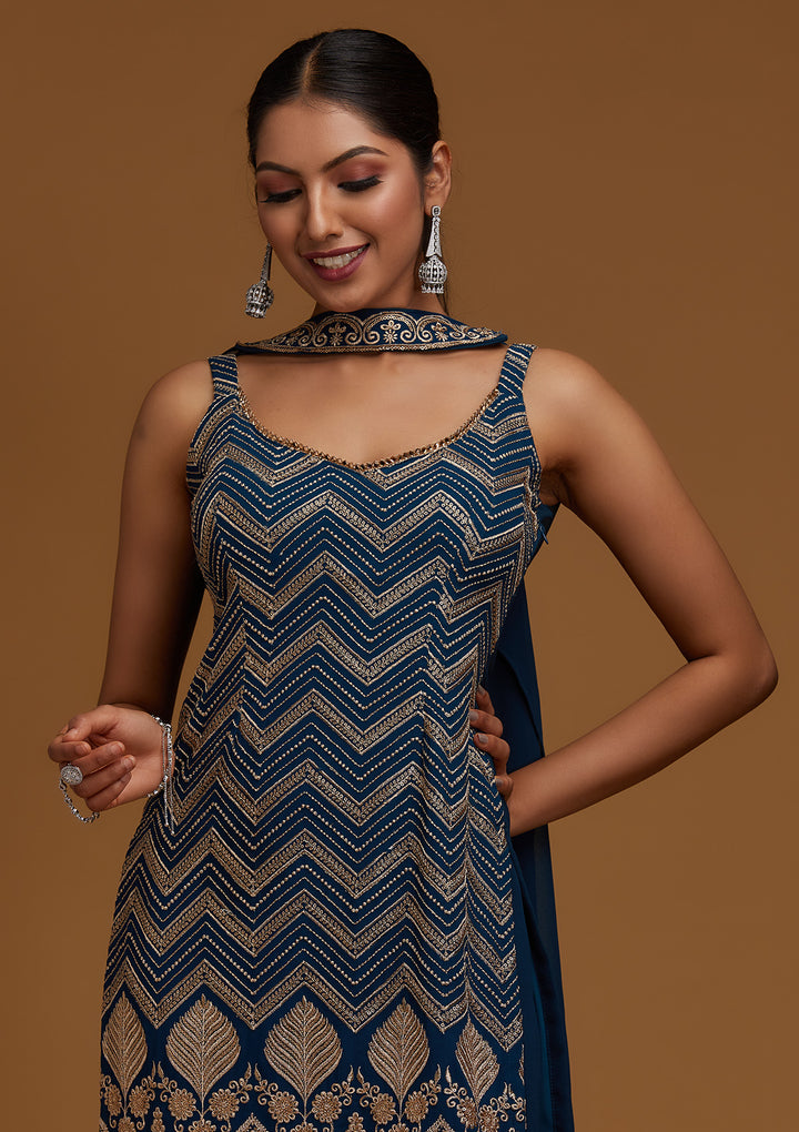 Peacock Blue Zariwork Georgette Designer Salwar Suit - Koskii