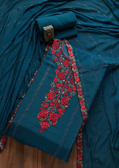 Peacock Blue Zariwork Georgette Designer Semi-Stitched Salwar Suit - Koskii