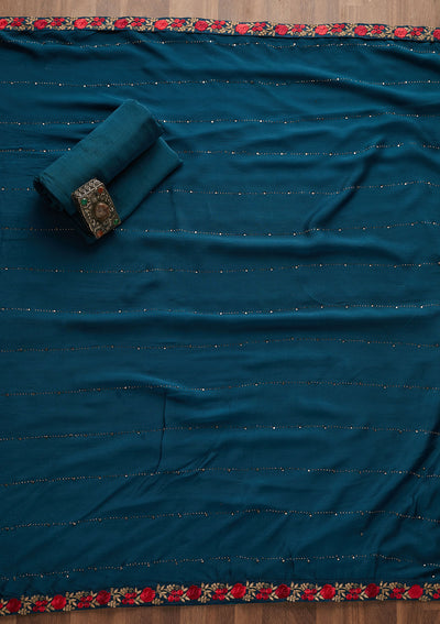 Peacock Blue Zariwork Georgette Designer Semi-Stitched Salwar Suit - Koskii