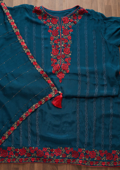 Peacock Blue Zariwork Georgette Designer Semi-Stitched Salwar Suit - Koskii