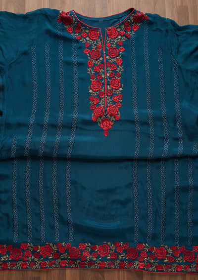 Peacock Blue Zariwork Georgette Designer Semi-Stitched Salwar Suit - Koskii