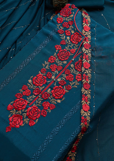 Peacock Blue Zariwork Georgette Designer Semi-Stitched Salwar Suit - Koskii