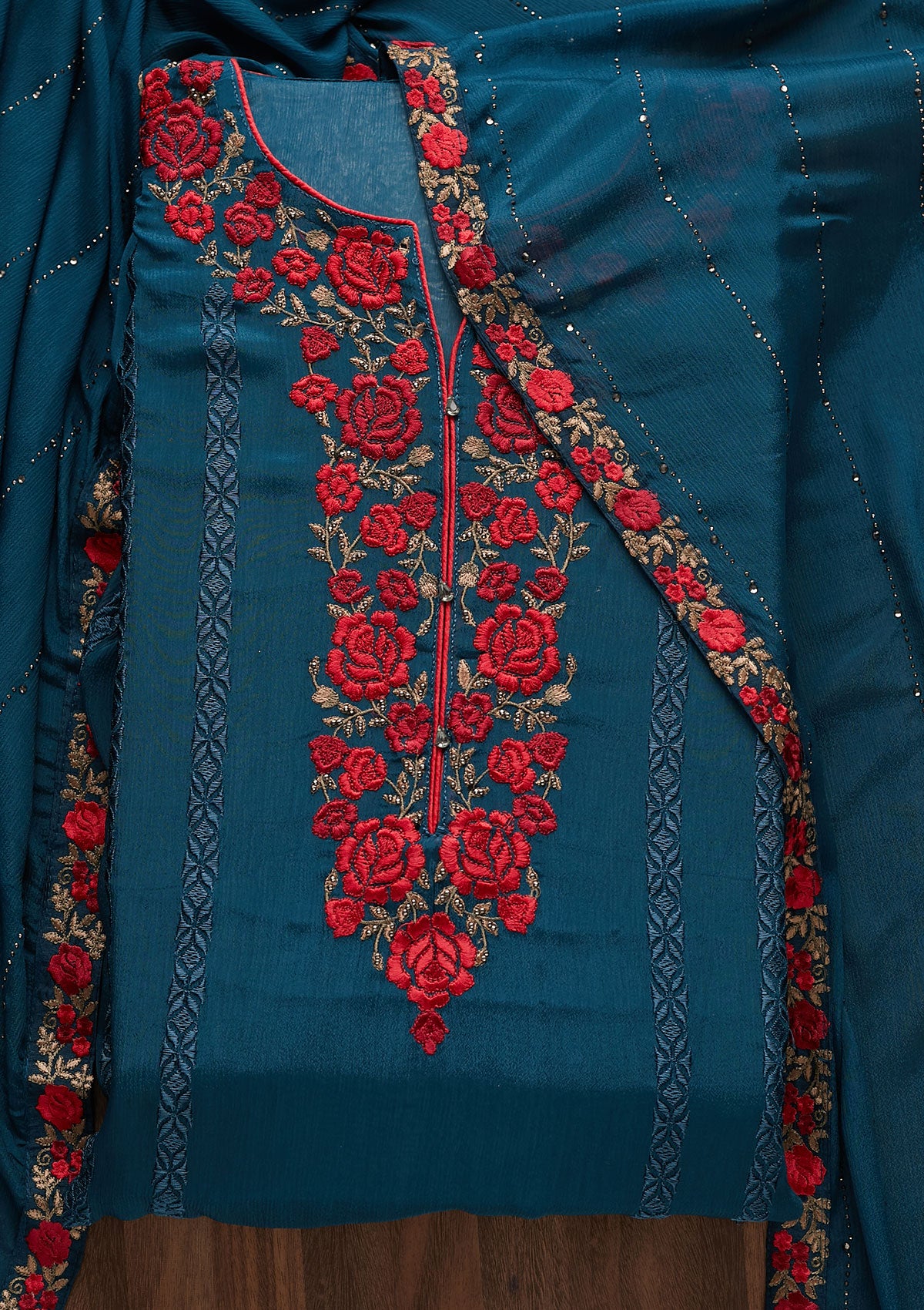Peacock Blue Zariwork Georgette Designer Semi-Stitched Salwar Suit - Koskii