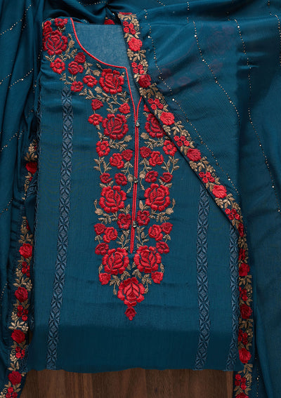 Peacock Blue Zariwork Georgette Designer Semi-Stitched Salwar Suit - Koskii