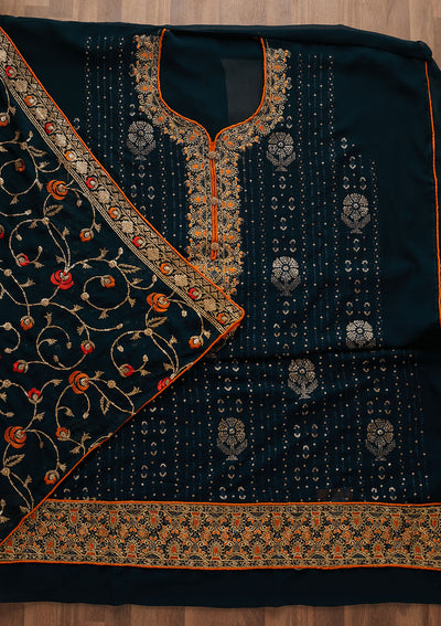 Peacock Blue Zariwork Georgette Designer Semi-Stitched Salwar Suit - Koskii
