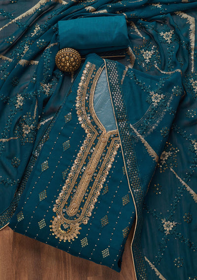 Peacock Blue Zariwork Georgette Semi-Stitched Salwar Suit- Koskii