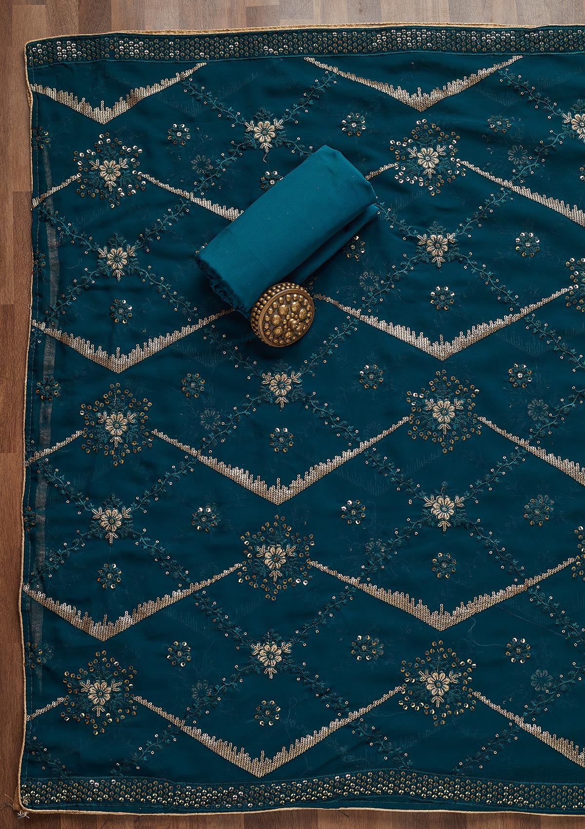 Peacock Blue Zariwork Georgette Semi-Stitched Salwar Suit - Koskii