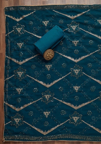 Peacock Blue Zariwork Georgette Semi-Stitched Salwar Suit - Koskii