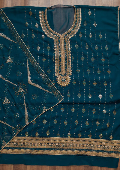 Peacock Blue Zariwork Georgette Semi-Stitched Salwar Suit - Koskii