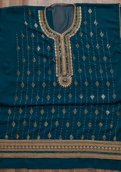 Peacock Blue Zariwork Georgette Semi-Stitched Salwar Suit - Koskii