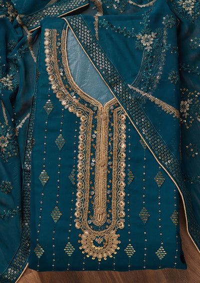 Peacock Blue Zariwork Georgette Semi-Stitched Salwar Suit - Koskii