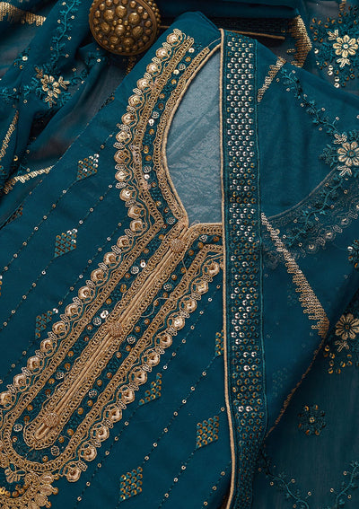 Peacock Blue Zariwork Georgette Semi-Stitched Salwar Suit - Koskii