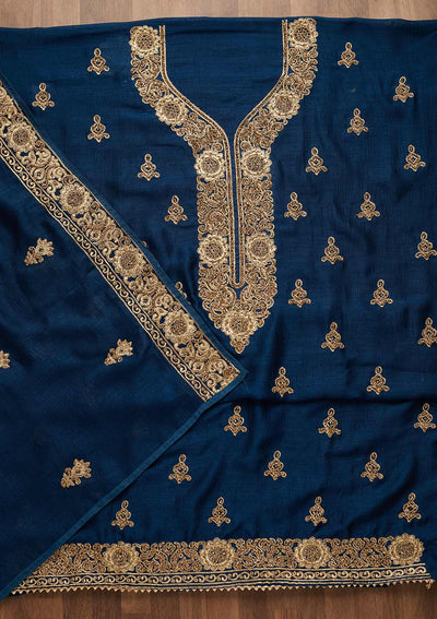 Peacock Blue Zariwork Semi Crepe Unstitched Salwar Suit-Koskii