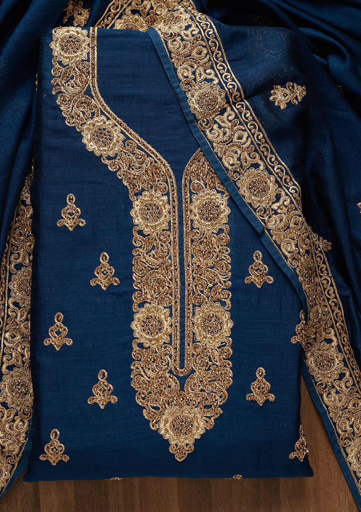 Peacock Blue Zariwork Semi Crepe Unstitched Salwar Suit-Koskii