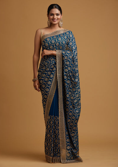 Peacock Blue Zariwork Georgette Designer Saree - koskii