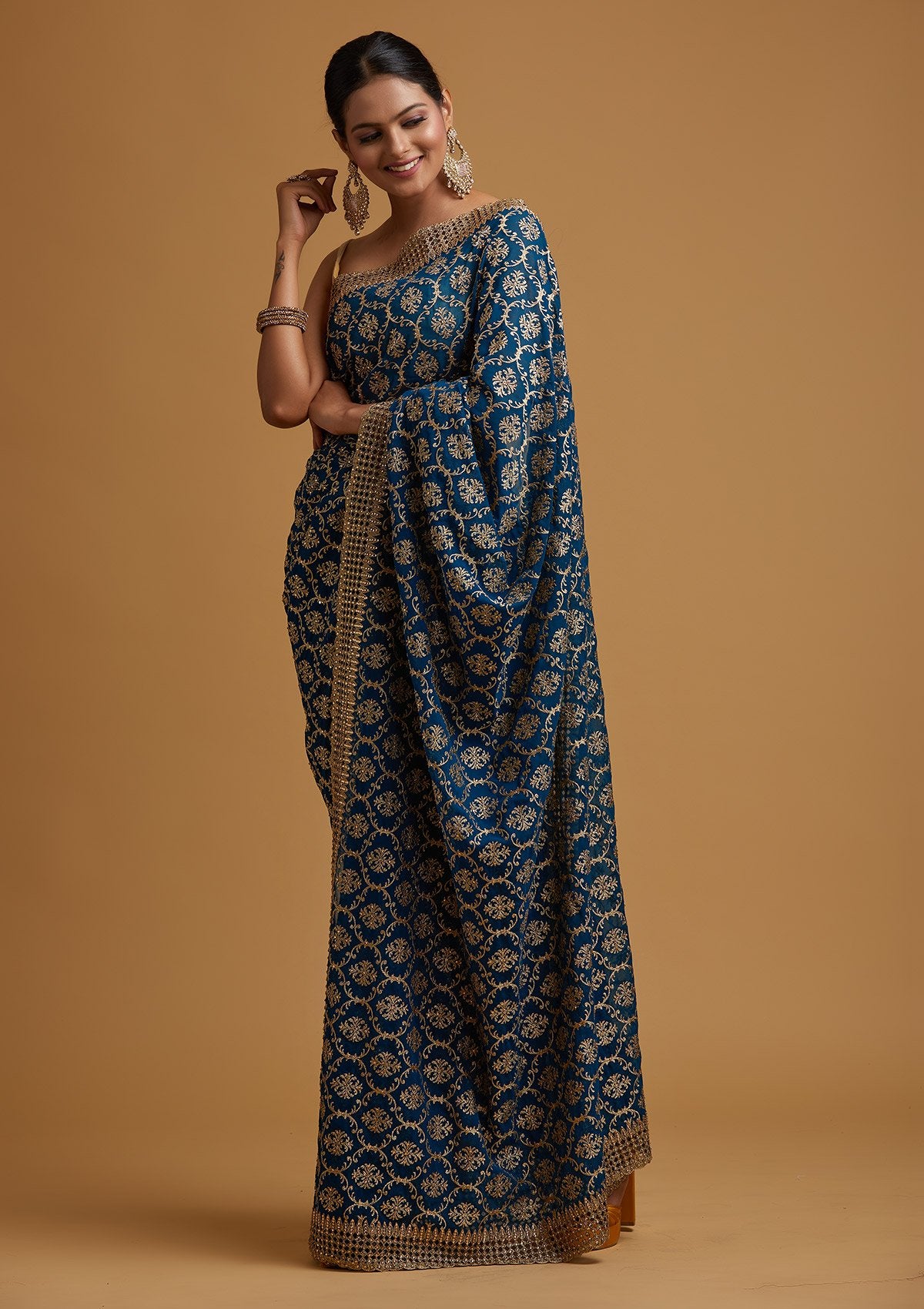 Peacock Blue Zariwork Georgette Designer Saree - koskii