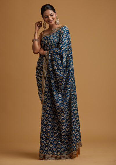 Peacock Blue Zariwork Georgette Designer Saree - koskii
