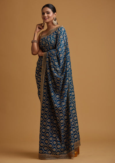 Peacock Blue Zariwork Georgette Designer Saree - koskii