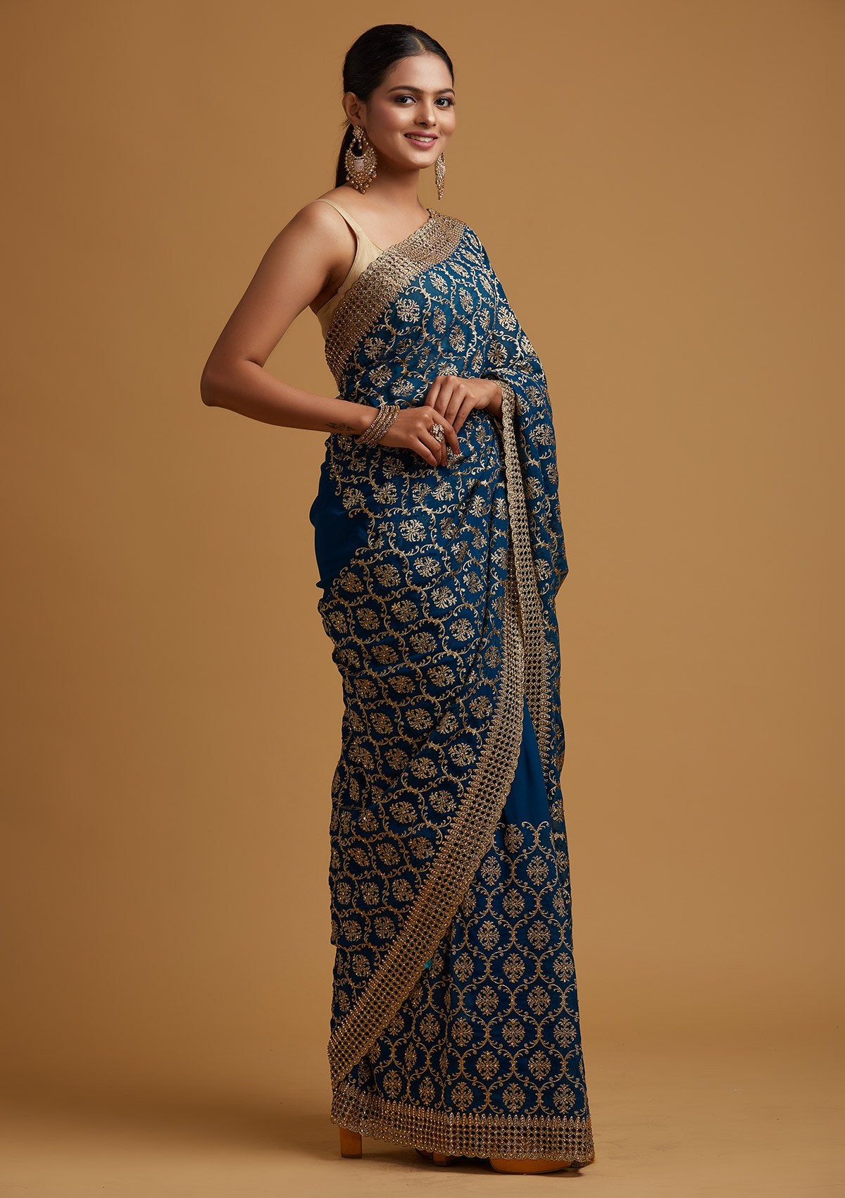Peacock Blue Zariwork Georgette Designer Saree - koskii
