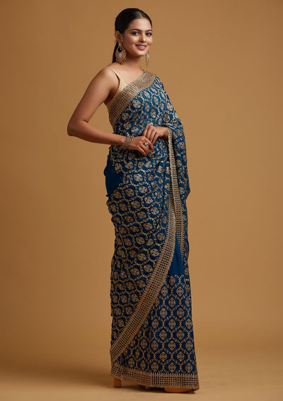 Peacock Blue Zariwork Georgette Designer Saree - koskii