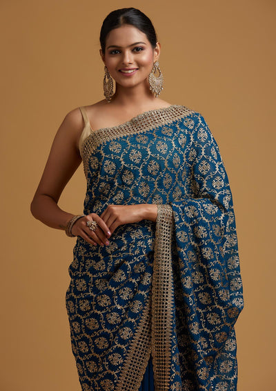 Peacock Blue Zariwork Georgette Designer Saree - koskii