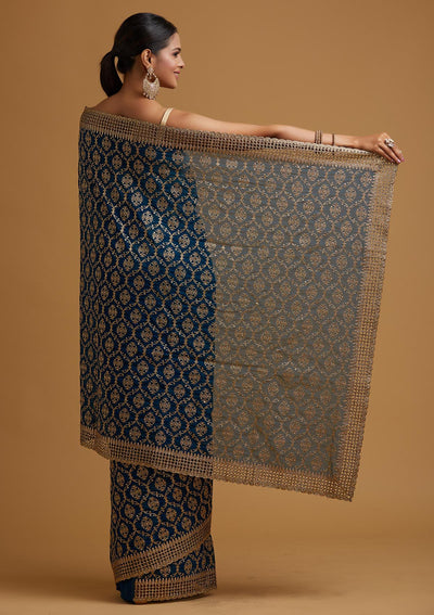 Peacock Blue Zariwork Georgette Designer Saree - koskii