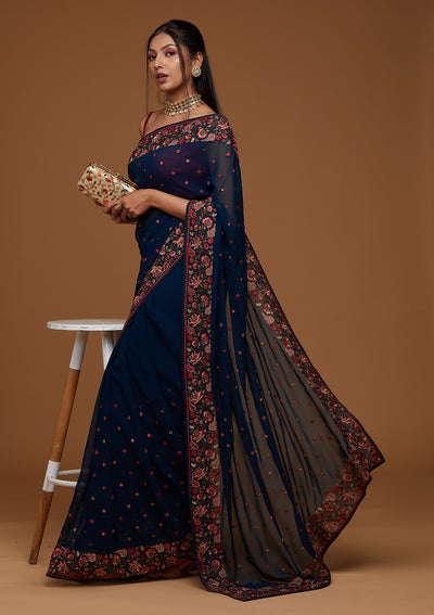 Peacock Blue Zariwork Georgette Saree - Koskii