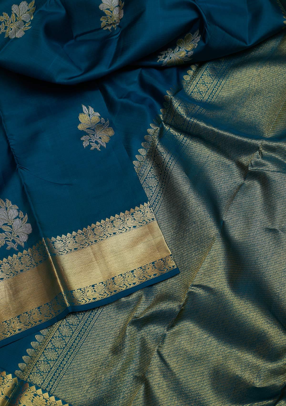Peacock Blue Zariwork Pure Silk Designer Saree - koskii
