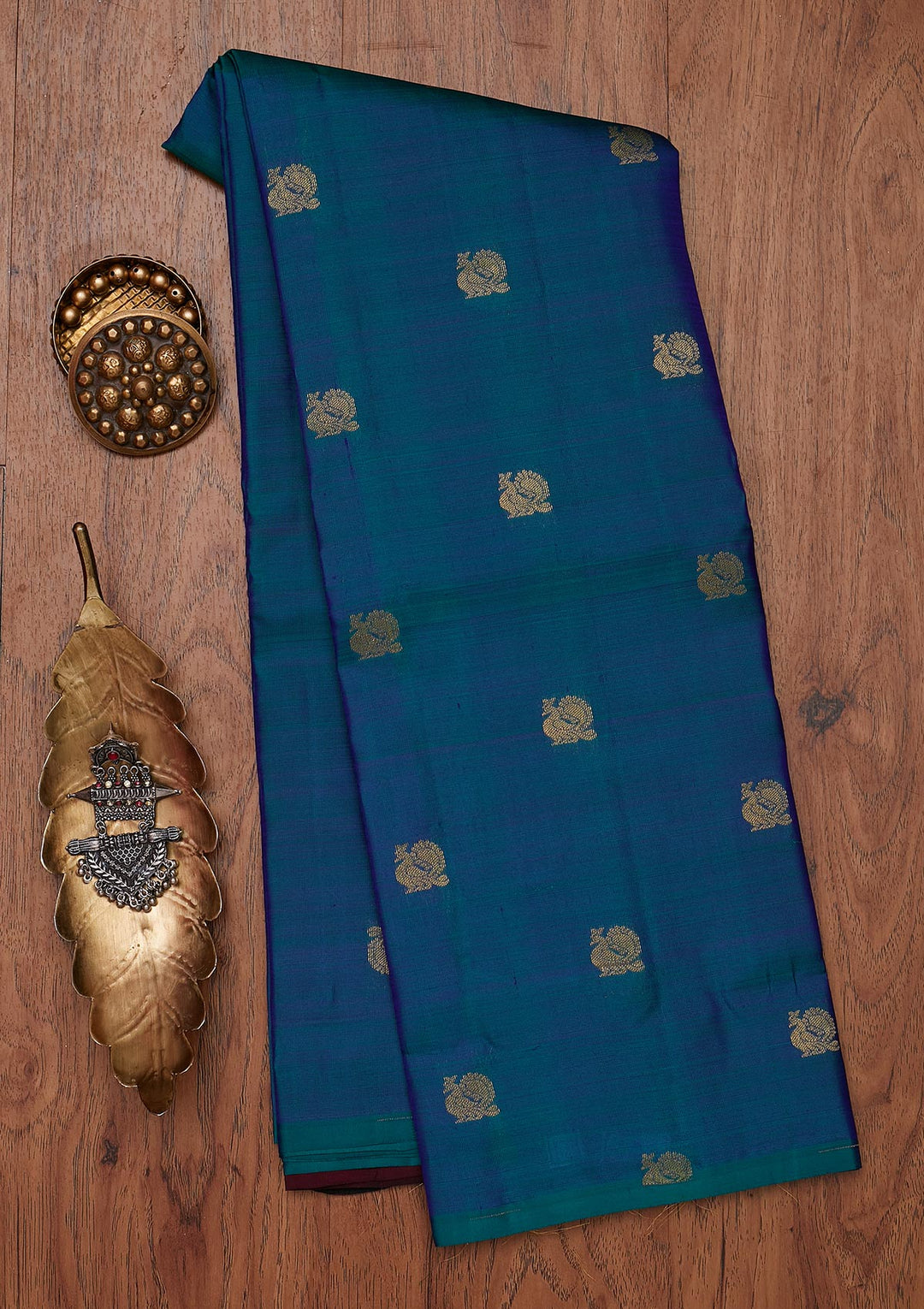 Peacock Blue Zariwork Pure Silk Designer Unstitched Saree - Koskii