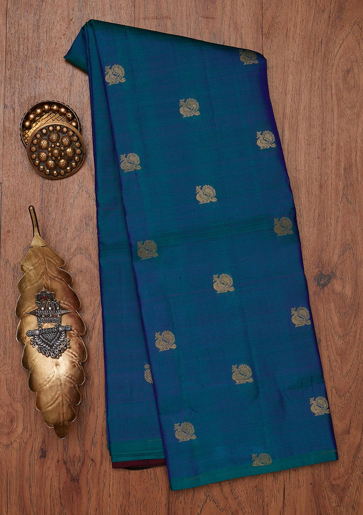 Peacock Blue Zariwork Pure Silk Designer Unstitched Saree - Koskii