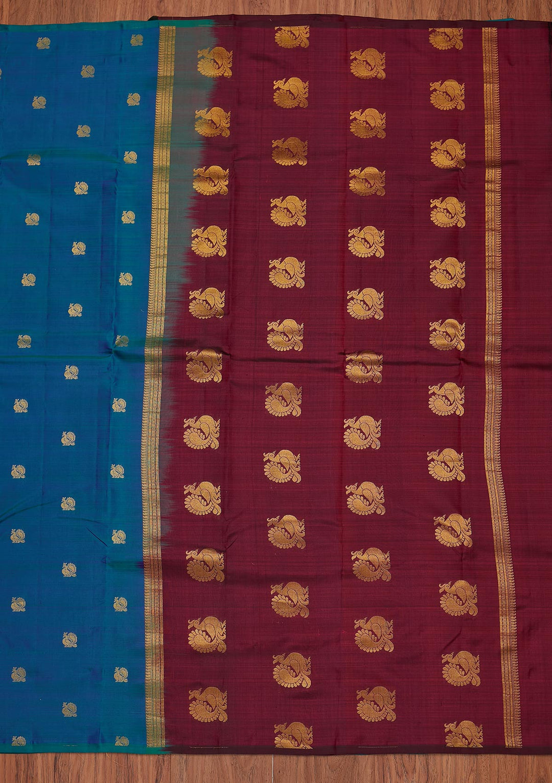Peacock Blue Zariwork Pure Silk Designer Unstitched Saree - Koskii