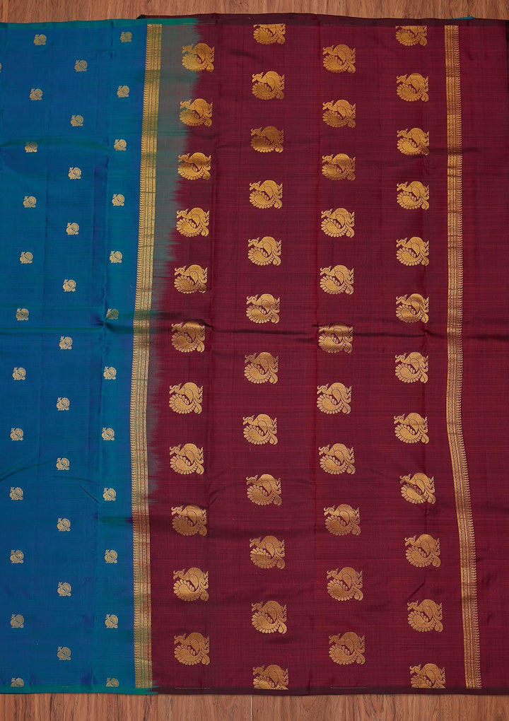 Peacock Blue Zariwork Pure Silk Designer Unstitched Saree - Koskii