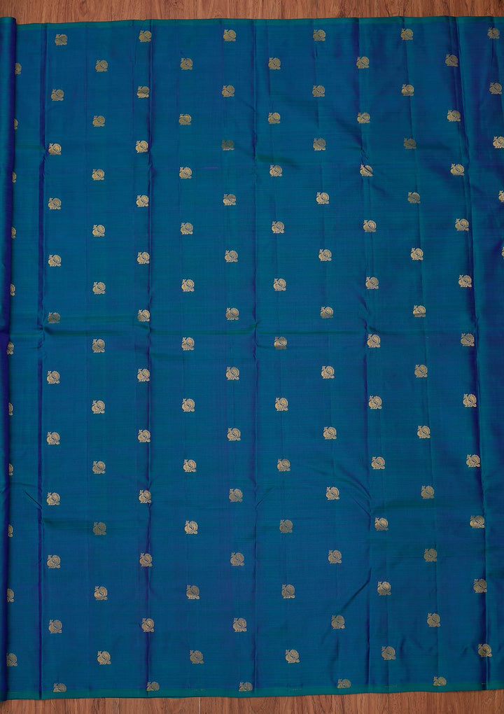 Peacock Blue Zariwork Pure Silk Designer Unstitched Saree - Koskii