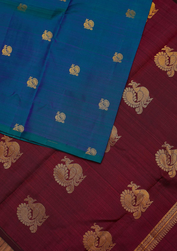 Peacock Blue Zariwork Pure Silk Designer Unstitched Saree - Koskii