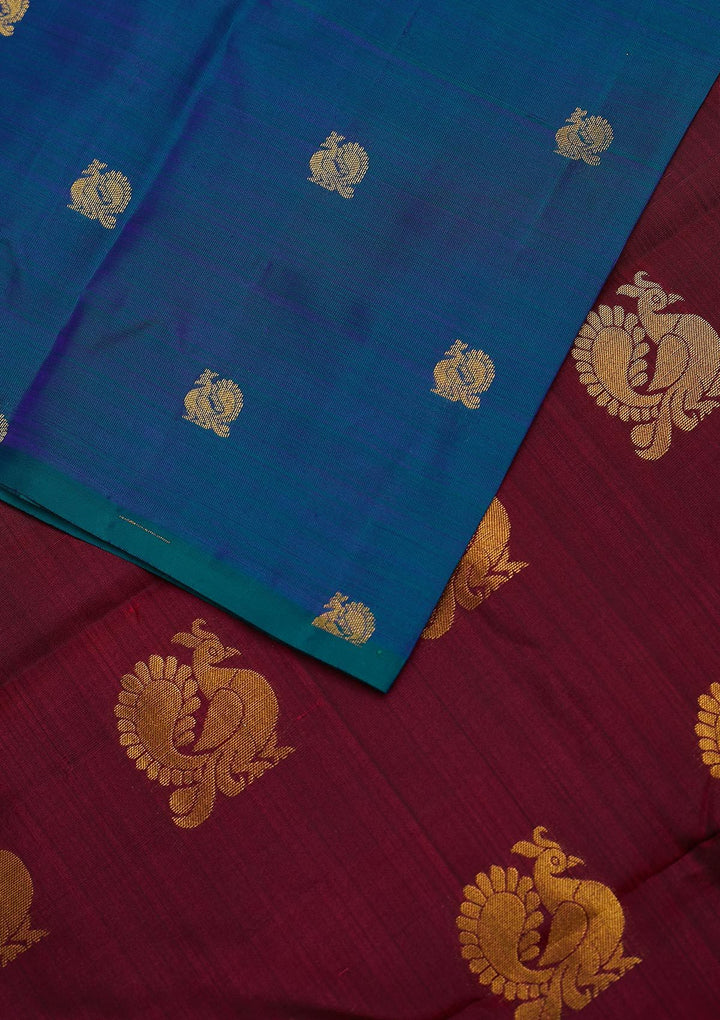Peacock Blue Zariwork Pure Silk Designer Unstitched Saree - Koskii