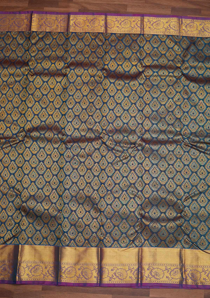 Peacock Blue Zariwork Pure Silk Designer Saree - Koskii