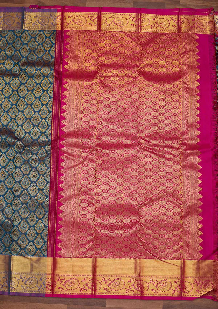 Peacock Blue Zariwork Pure Silk Designer Saree - Koskii