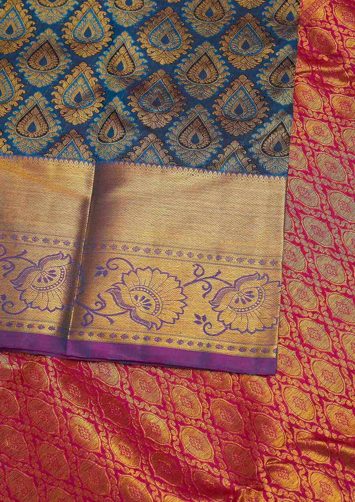 Peacock Blue Zariwork Pure Silk Designer Saree - Koskii