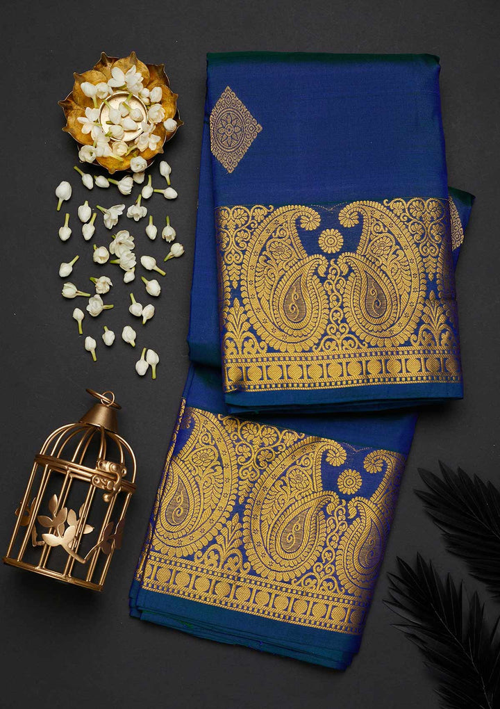 Peacock Blue Zariwork Pure Silk Designer Saree - Koskii