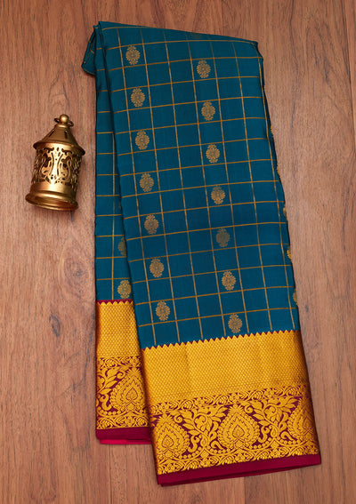 Peacock Blue Zariwork Pure Silk Saree- Koskii