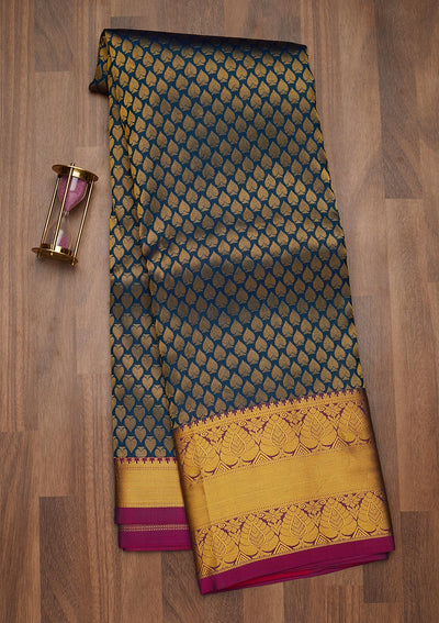 Peacock Blue Zariwork Pure Silk Saree-Koskii