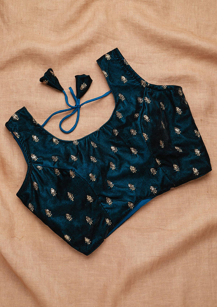 Peacock Blue Zariwork Velvet Blouse-Koskii